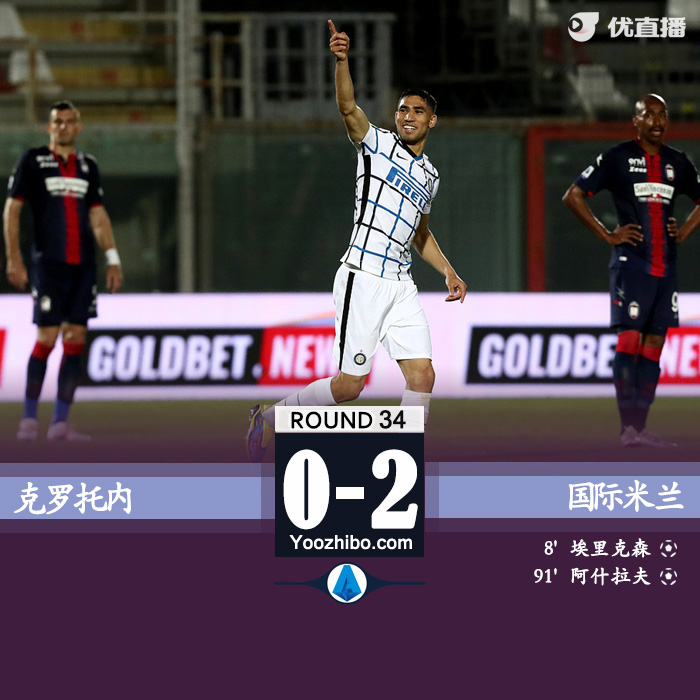 國米2-0克羅托內 埃里克森破門阿什拉夫補時建功