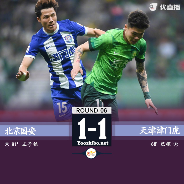 國安1-1天津 巴頓遠射破門王子銘救主明天染紅