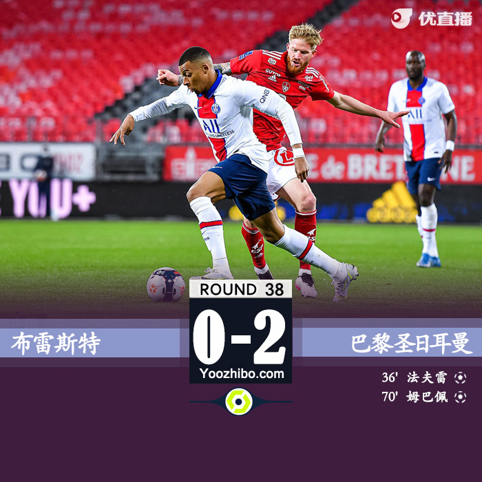 巴黎2-0布雷斯特  姆巴佩破門
