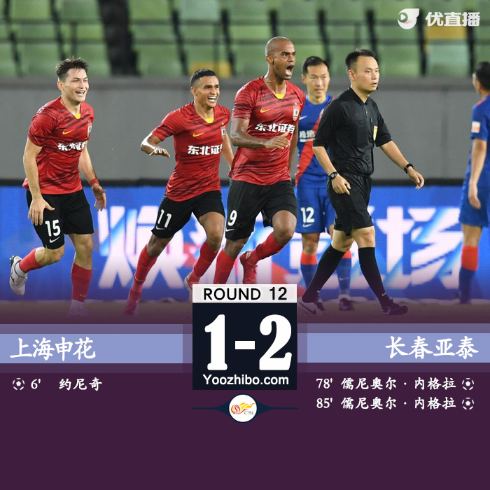 長春亞泰2-1上海申花 儒尼奧爾雙響秦升送點