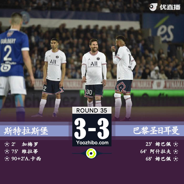 巴黎3-3斯特拉斯堡 姆巴佩2射1傳維拉蒂烏龍