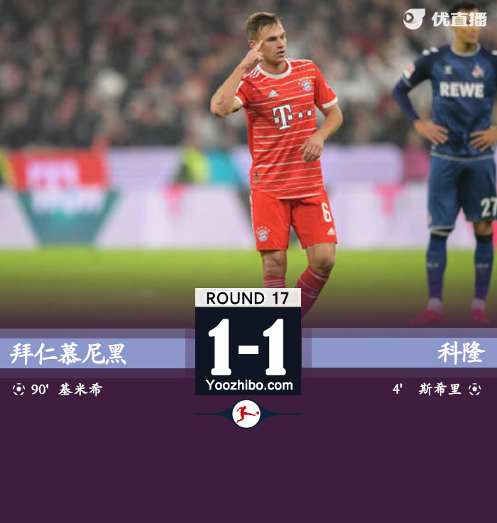 拜仁1-1科隆 基米希世界波救主赫拉芬貝赫中柱