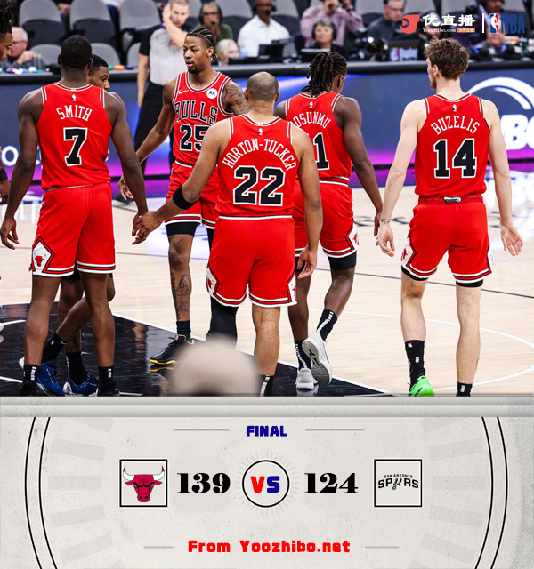 公牛139-124戰勝馬刺 武切維奇賽季新高39分 道蘇姆27+10+11 文班缺陣