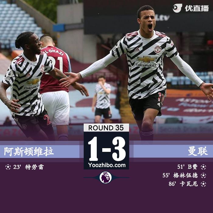 曼聯3-1阿斯頓維拉 格林伍德破門卡瓦尼建功