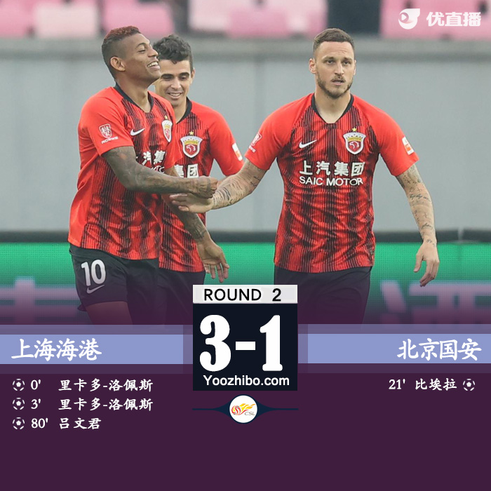 上海海港3-1北京國安 洛佩斯閃擊+雙響呂文君連場破門