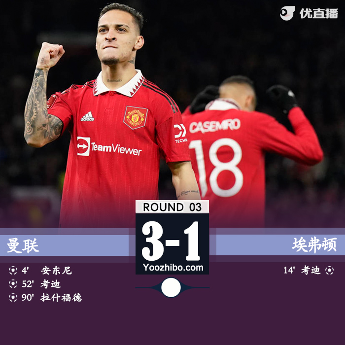 曼聯主場3-1戰勝埃弗頓晉級下一輪