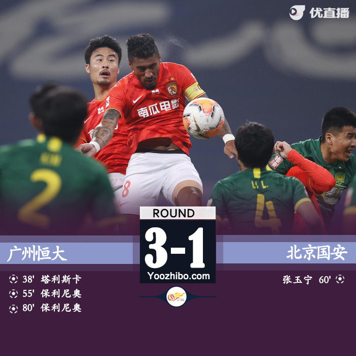 恒大總比分3-1國安與蘇寧會師決賽