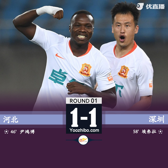 河北1-1武漢 尹鴻博破門埃弗拉扳平