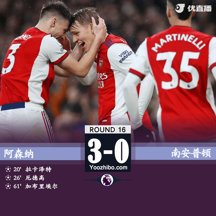阿森納3-0南安普頓 厄德高連場破門拉卡澤特加布里埃爾建功