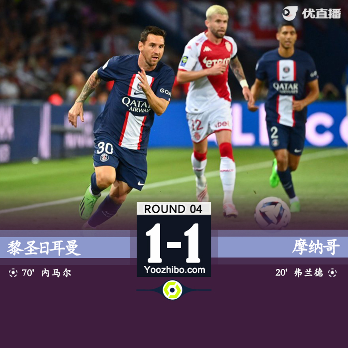 巴黎圣日耳曼主場1-1戰平摩納哥