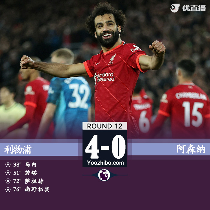 利物浦4-0阿森納 馬內傳射若塔薩拉赫破門