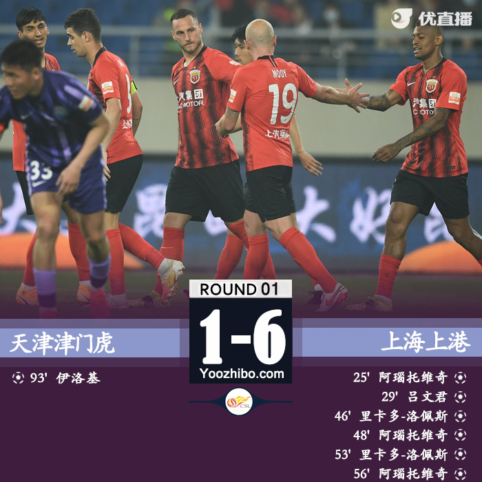 上海海港6-1天津津門虎 阿瑙戴帽奧斯卡四獻助攻