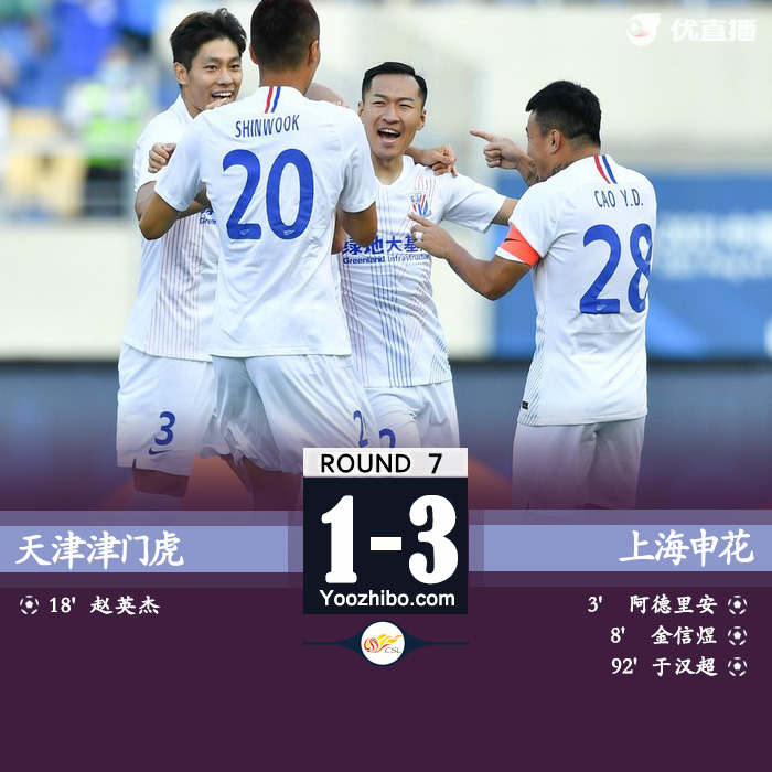 申花3-1津門虎 金信煜世界波阿德里安于漢超破門