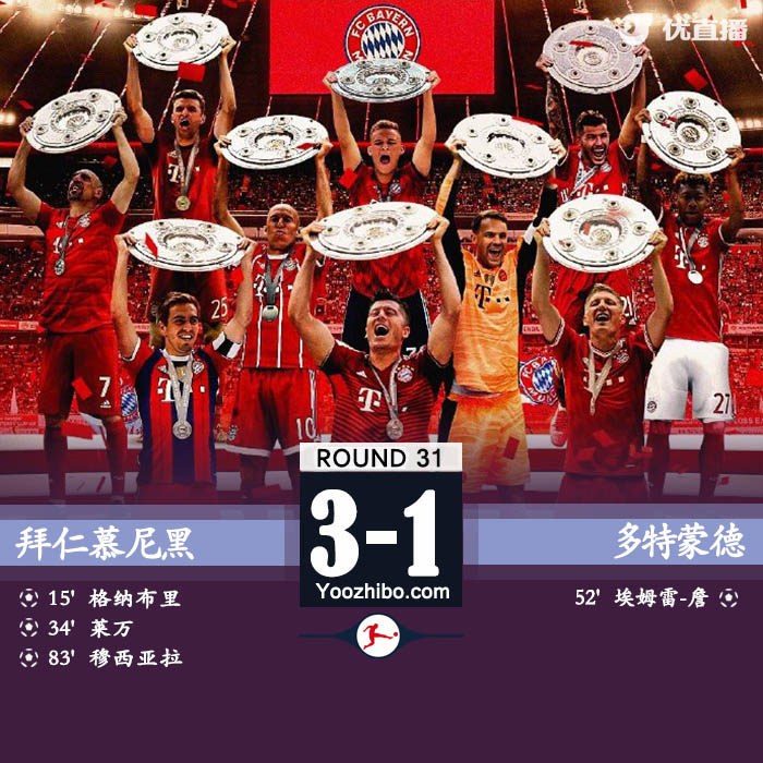 拜仁3-1多特 萊萬破門格納布里凌空斬